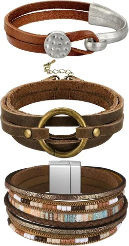 Vista 7 de Inbagi 3 piezas pulsera de turquesa para mujer pulsera de cuero joyería occidental para mujer brazalete plateado tipo pulsera