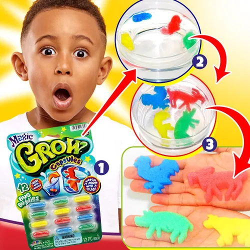 Vista 2 de JA-RU Magic Grow Cápsulas para niños (paquete de 2, 24 cápsulas surtidas) Juguetes de cultivo de agua, criaturas marinas de espuma, dinosaurios