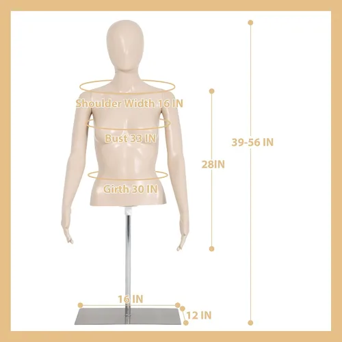 Vista 3 de Torso de maniquí de plástico con soporte, 39-56 pulgadas altura ajustable medio maniquí cuerpo femenino vestido forma maniquí para venta al por