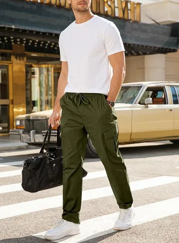 Vista 4 de JMIERR Mens Casual Cargo Pants Elastic Waist Drawstring Stretch Relaxed Fit Tactical Joggers Work Pants Multi Pockets
