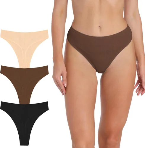 Vista 17 de Tanga de algodón acanalado transpirable sin costuras de cintura alta para mujer, ropa interior de talla grande 2 negro/2 verde/2 vino tinto