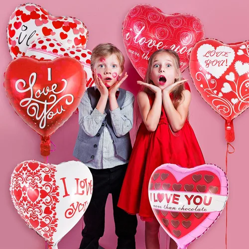 Vista 6 de Globos de San Valentín de corazón rojo, 16 globos de aluminio con texto en inglés "I Love You", globos Myalr para San Valentín, noche