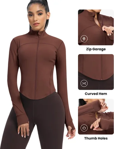 Vista 20 de AVGO Chaquetas de entrenamiento recortadas para mujer, con cremallera, ajustadas, atléticas, con agujeros para el pulgar