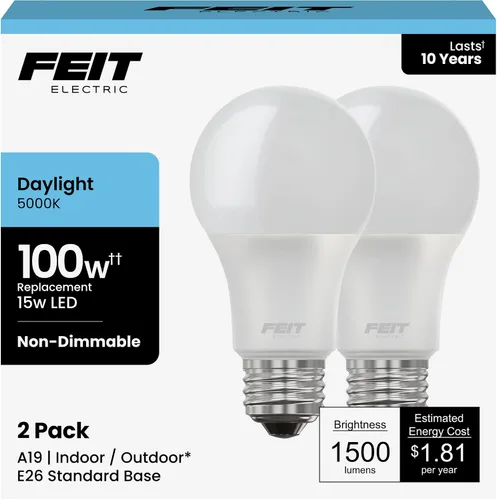 Vista 18 de Feit Electric Bombillas LED A19, equivalente a 100 W, no regulables, 1500 lúmenes, base estándar E26, blanco suave de 2700 K, 80 CRI, vida útil
