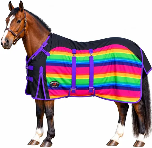 Vista 3 de Challenger 1200D Turnout - Manta ligera para el invierno, con banda de vientre, caballo, lluvia, 398B Arcoiris Negro