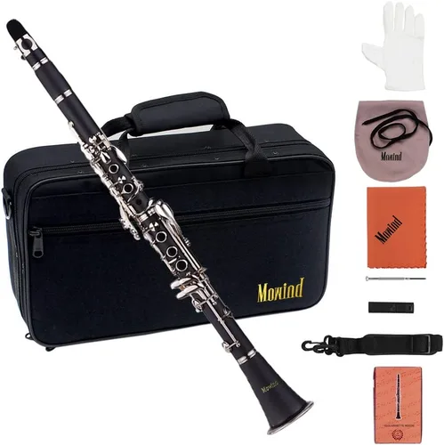 Vista 7 de Clarinete plano Bb para principiantes, clarinete para estudiantes de 17 teclas con 2 barriles y estuche kit completo de inicio para adultos, banda