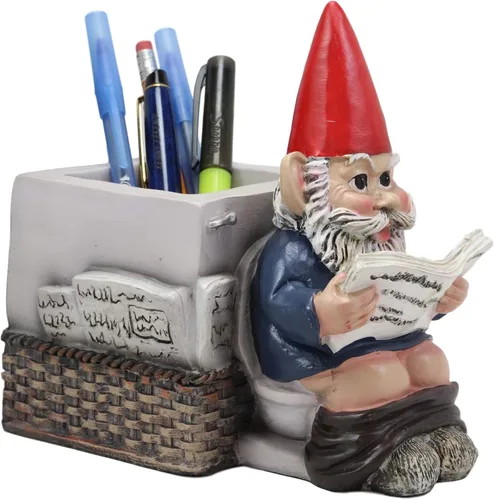 Vista 2 de Ebros Gift Fantástico gnomo de señor viejo tímido con pantalones abajo leyendo periódico por inodoro papelería portalápices estatua 'Morning