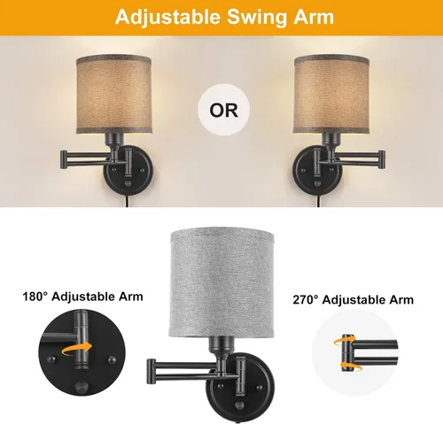 Vista 7 de GOODATE Apliques de pared regulables, lámpara de pared con brazo oscilante, juego de dos apliques de pared, lámpara de pared enchufable, juego de 2