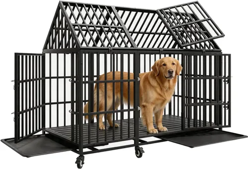 Vista 13 de Jaula para perros indestructible de 44 pulgadas con ruedas, jaula de acero a prueba de escapes para interiores, doble puerta, alta ansiedad