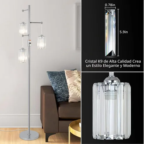 Vista 7 de Lámpara de pie moderna de cristal para sala de estar, lámpara de pie regulable de 3 luces, lámpara de árbol industrial plateada con pantalla