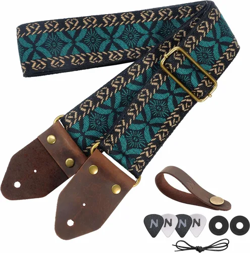 Vista 29 de Nefelibata Correa de guitarra, correas de guitarra de algodón bordado jacquard con extremos de cuero de caballo loco para bajo, eléctrico