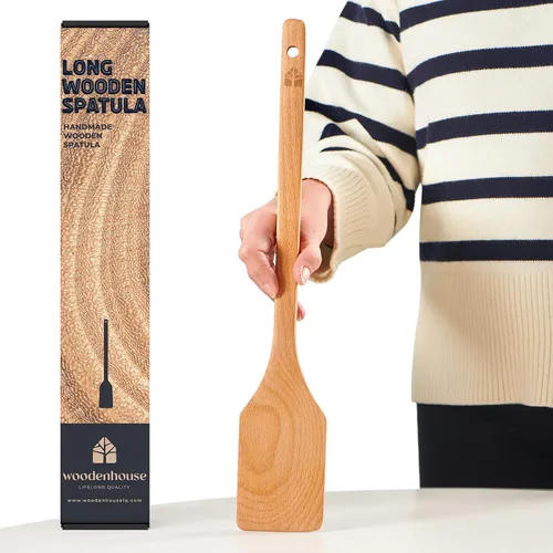 Vista 7 de Cucharón de madera largo de 17.5” – Paleta para cangrejos, espátula de madera para cocinar – Cucharón de madera de haya de mango largo para cocina