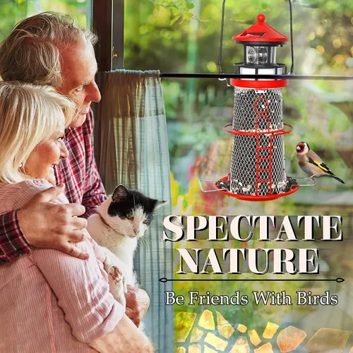 Vista 4 de Comedero Solar para Pájaros Faro con Baliza Giratoria - 14" Colgante Mejor Regalo de Comedero para Amantes de las Aves (Rojo Manzana).