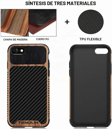 Vista 2 de TENDLIN Funda compatible con iPhone SE 2022/SE 2020/8/7, diseño de textura de fibra de carbono de grano de madera, diseño de textura de cuero, funda