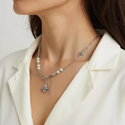 Vista 46 de Y2k - Collar irregular con dije de estrella, piedra de luna, diseño de cadena de moda, joyería de plata picante para mujer