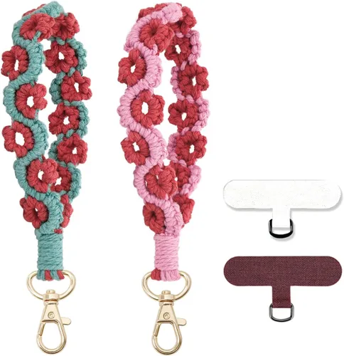 Vista 15 de Correa de muñeca para teléfono estilo boho macramé, cordón para teléfono celular con pestaña de anclaje, llavero con dije para muñeca, cadena