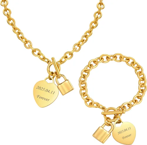 Vista 18 de VNOX Juego de collar de cadena de cable de acero inoxidable con nombre inicial personalizado con dije de corazón y cierre de palanca Dorado