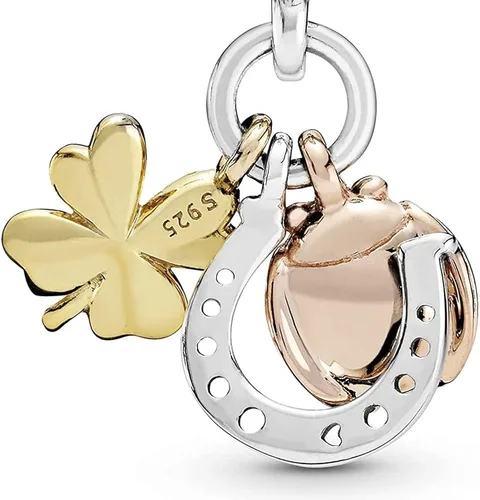 Vista 3 de EZ Tuxedo Dijes colgantes de mariquita de trébol de herradura de plata de ley 925 para pulseras, Metal Plata, Circonita Cúbica