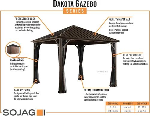 Vista 3 de Sojag Gazebo de techo rígido Dakota para exteriores de 8 x 8 pies