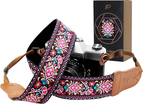Vista 8 de Padwa Lifestyle Helios Moon God - Correa para cámara de 2 pulgadas, doble capa, extremos de piel vacuna, correas de cámara para fotógrafos, tejido