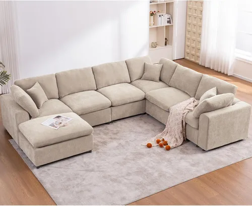 Vista 11 de Sofás modulares de nube seccionales para sala de estar, sofá modular grande con otomana, sofá de 3 plazas en forma de L con almohada, color beige