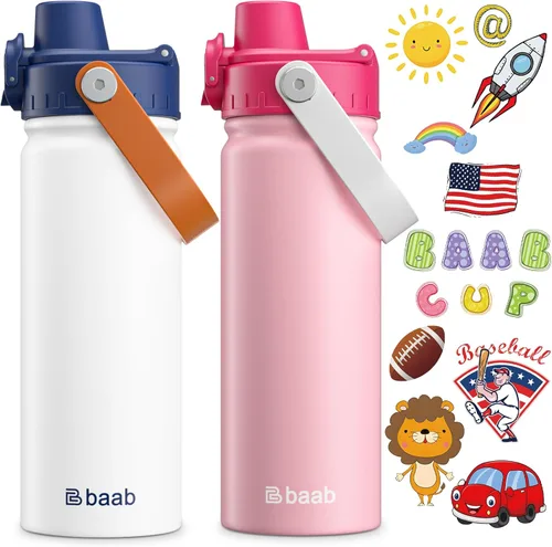 Vista 18 de baab Botella de Agua para Niños de 18 oz, Botella de Agua Aislada para Niños con Tapa de Boquilla Bloqueable y Calcomanías, Taza de Agua para Niños
