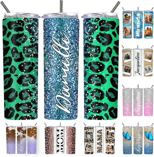 Vista 10 de Vaso delgado personalizado con purpurina con tapas y popotes, nombres, vasos de acero inoxidable personalizados con imagen para mujeres, hombres