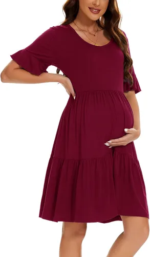 Vista 15 de Smallshow Vestido de maternidad para mujer, con volantes, manga corta, ropa de embarazo de verano Verde militar