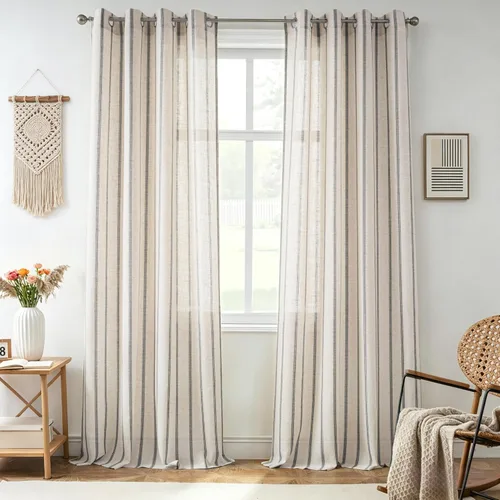 Vista 33 de DriftAway Cortinas de estilo granja con rayas verticales de lino mezclado texturizado con filtro de luz semitransparente para sala de estar
