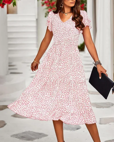 Vista 2 de BTFBM Vestidos de verano para mujer, casuales, de manga corta, con volantes, escalonados, fruncidos, por debajo de la rodilla, bohemios