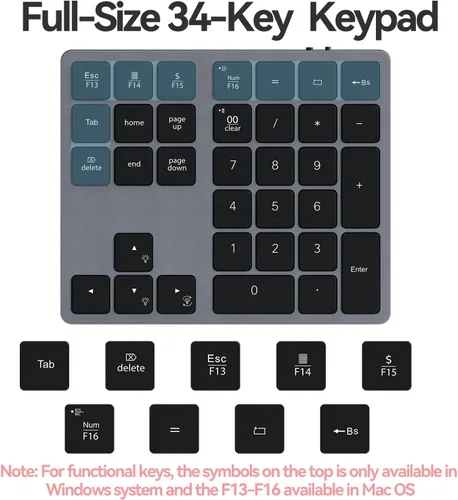 Vista 10 de Doohoeek Teclado numérico Bluetooth retroiluminado para computadoras portátiles y computadoras, almohadillas numéricas de 34 teclas con Gris