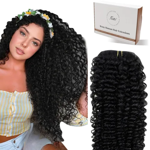 Vista 111 de Hetto . Extensiones de cabello humano rizado con clip, color #1 negro azabache, extensiones de cabello humano ondulado natural para cabeza completa