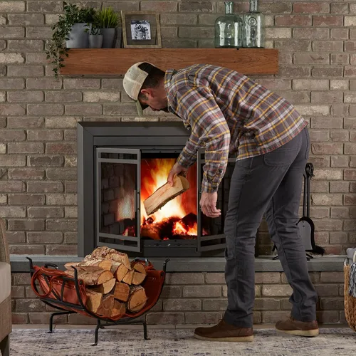 Vista 5 de UniFlame Soporte de leña de hierro forjado negro con portador de cuero