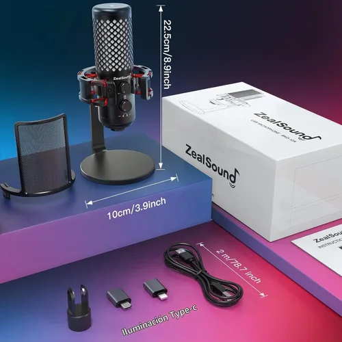 Vista 7 de ZealSound Micrófono USB para iPhone, iPad, teléfono, PC, micrófono RGB para juegos con metal completo, silencio, filtro pop, ganancia