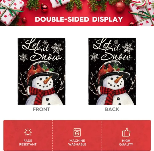 Vista 6 de AVOIN colorlife Deje que nieve muñeco de nieve copo de nieve bandera de Navidad de jardín 12x18 pulgadas de doble cara, bandera decorativa de granja