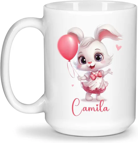 Vista 8 de Taza de viaje de cerámica personalizada de conejo, taza con nombre personalizado para los amantes de los conejos, taza de té con nombre temático