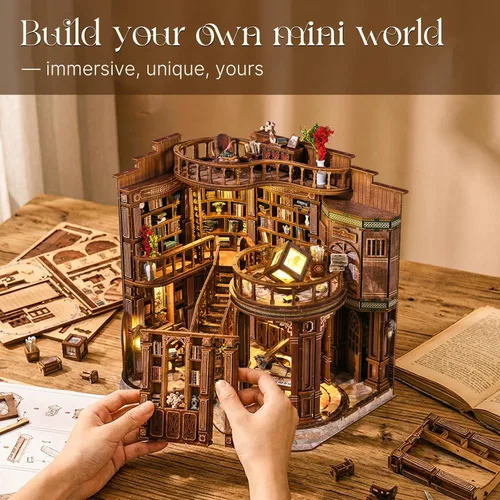 Vista 7 de Kit de rincón de libros, rompecabezas de madera 3D en miniatura, sujetalibros con luz LED, decoración de estantería de flor de cerezo para libros
