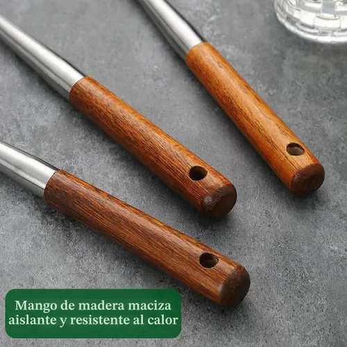 Vista 8 de Evanda Juego de espátulas Wok de 17 pulgadas, herramientas de wok de acero inoxidable con mango de madera resistente al calor, cucharón, espátula