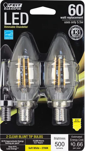 Vista 13 de Feit Electric BPCFF40/827/LED/2 Bombilla LED regulable, equivalente a 40 W, 120 voltios, 300 lúmenes, base de candelabro, 2700 K, CRI >80, blanco