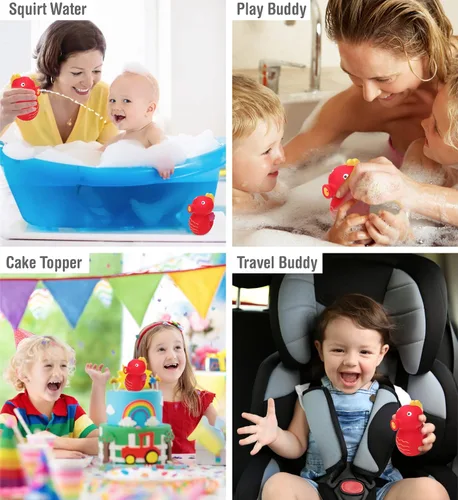 Vista 3 de DolliBu Seahorse Bath Buddy Squirter - Juguete de baño flotante de goma de caballito de mar rojo, divertido juego de baño para niños pequeños, lindo