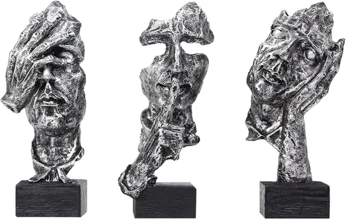 Vista 14 de aboxoo 3 piezas Estatua del pensador, Figura de arte abstracto El silencio es oro, Esculturas modernas de resina No oír, No ver, No hablar