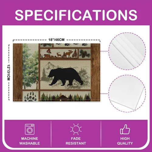Vista 4 de Manteles individuales con diseño de silueta de oso, ciervos salvajes, estampado de patas, a cuadros, para niños, adolescentes y adultos