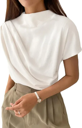 Vista 26 de OYOANGLE Camiseta de manga corta con cuello alto falso y fruncido para mujer