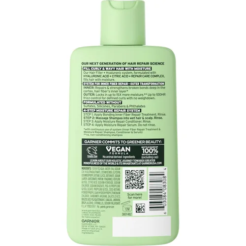 Vista 2 de Garnier Fructis Hair Filler Champú reparador de humedad, champú sin sulfato para cabello rizado y ondulado con ácido hialurónico, 10.1 onzas