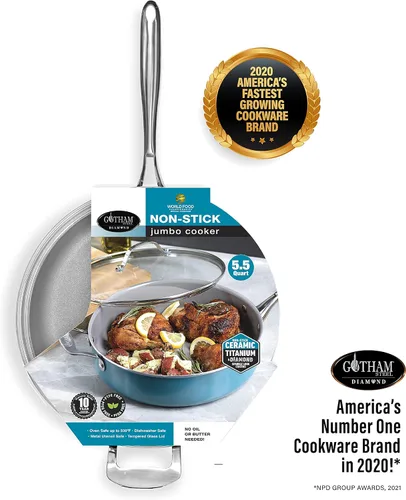 Vista 6 de Gotham Steel Sartén antiadherente de 5.5 cuartos de galón con tapa, sartén de cerámica jumbo con tapa de vidrio, mango que se mantiene fresco +