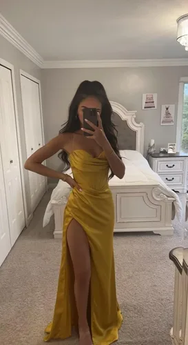 Vista 3 de Vestidos de fiesta de satén de seda con tirantes delgados, largos, formales, sexy, con abertura alta, para mujer, vestido de noche CM246