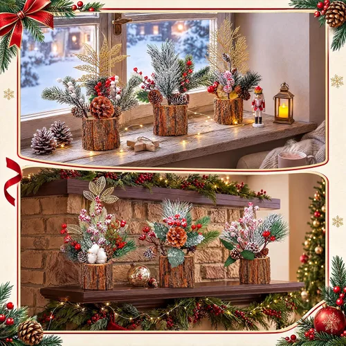 Vista 6 de Tioncy 6 Set Christmas Floral Table Centerpiece Bulk Bark Frosted Woodland Artificial Holly Red Berry Pine Cone Greenery Stems Picks Arrangement
