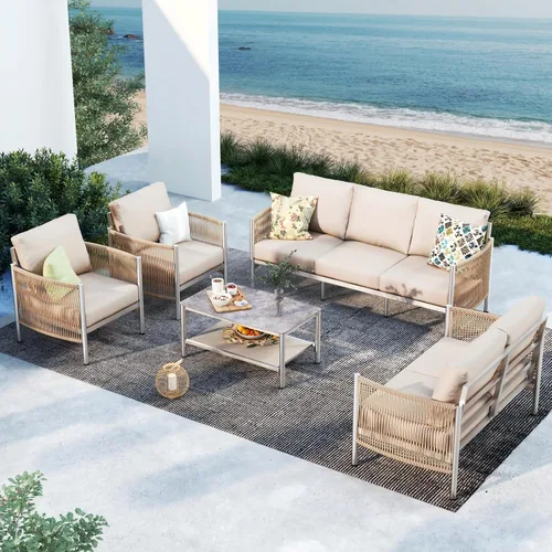 Vista 22 de Sofá de dos plazas de aluminio para patio exterior, sofá de patio de cuerda HDPE con cojín grueso lavable, muebles de patio para todo tipo de clima