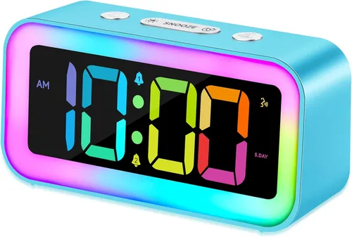 Vista 9 de Cadmos Reloj despertador fuerte para dormitorios con luz nocturna RGB dinámica, para adultos que duermen profundamente, doble alarma, atenuador