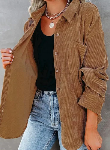 Vista 4 de Chaqueta de pana con botones para mujer, estilo casual, manga larga, blusas de gran